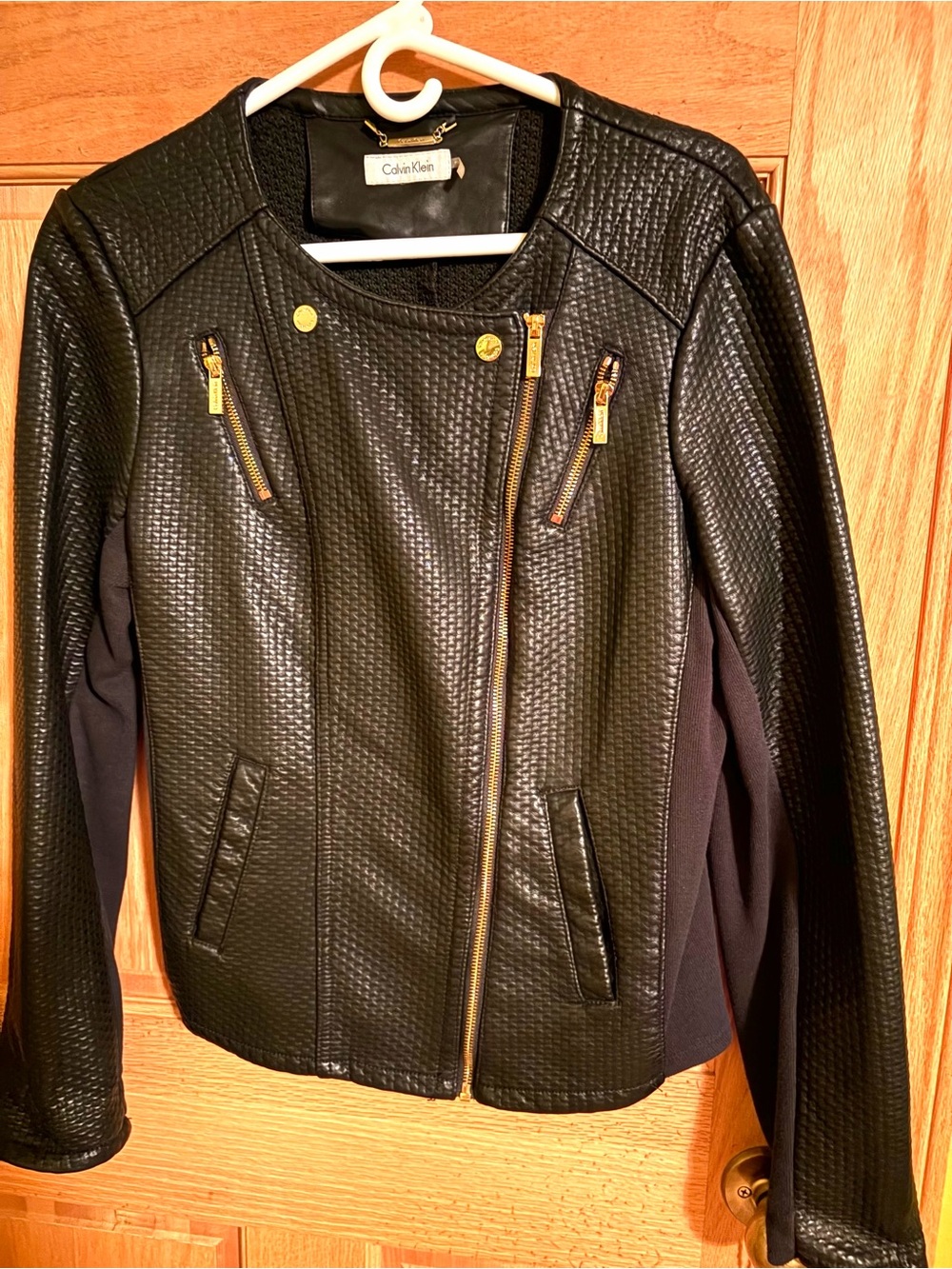 NWOT Calvin Klein Black Textured Faux-Leather Moto Jacket with Gold Hardware